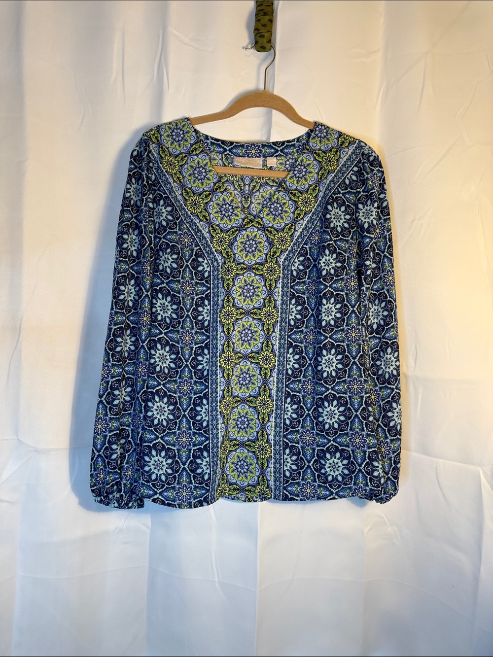 Belle by Kim Gravel Navy and Green Medallion Tile Blouse